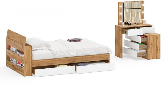 Ксения Кровать с ящиками 1200 + Стол косметический с подсветкой 110, дуб вотан/белый