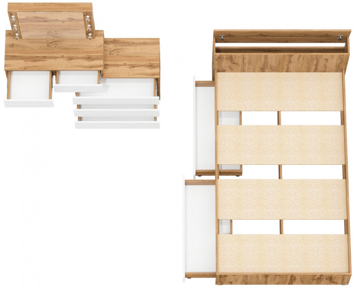 Ксения Кровать с ящиками 1200 + Стол косметический с подсветкой 110, дуб вотан/белый