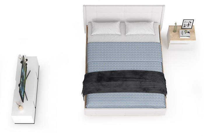 Муссон Кровать 11.28 + подъёмный ортопед + Тумба 16.03 + Тумба ТВ 13.276, цвет белый/чёрный/дуб эндгрейн элегантный/кожзам белый, 1600х2000 мм., б/м