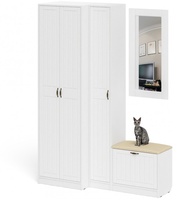 Прихожая П-6 Компоновка № 26, цвет белая шагрень/фасады МДФ белое дерево фрезеровка прованс, ШхГхВ 150х50х210 см., универсальная сборка