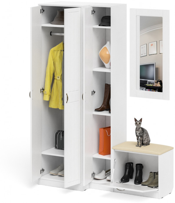 Прихожая П-6 Компоновка № 26, цвет белая шагрень/фасады МДФ белое дерево фрезеровка прованс, ШхГхВ 150х50х210 см., универсальная сборка