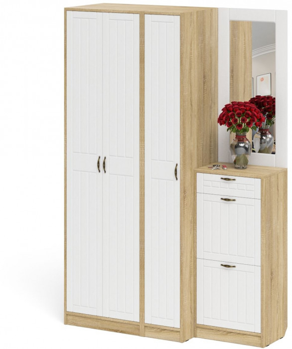 Прихожая П-6 Компоновка № 49, цвет дуб сонома/фасады МДФ белое дерево фрезеровка прованс, ШхГхВ 140х50х210 см., универсальная сборка