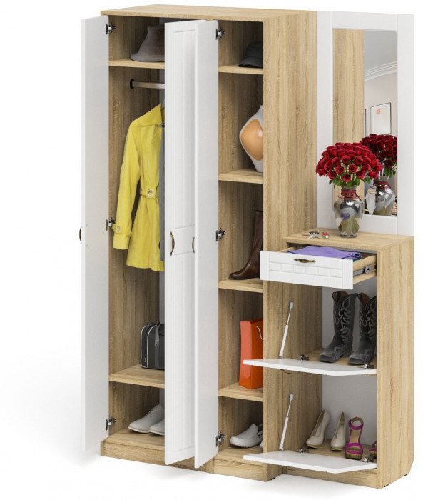 Прихожая П-6 Компоновка № 49, цвет дуб сонома/фасады МДФ белое дерево фрезеровка прованс, ШхГхВ 140х50х210 см., универсальная сборка