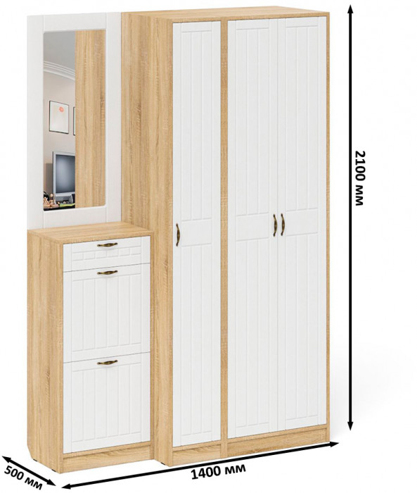 Прихожая П-6 Компоновка № 49, цвет дуб сонома/фасады МДФ белое дерево фрезеровка прованс, ШхГхВ 140х50х210 см., универсальная сборка