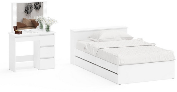 Ксения Кровать с ящиками 1200 + Стол косметический с подсветкой Сура, белый