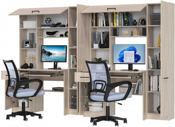 Два стола рабочих 6-0603 Альфа + два кресла 103 серых, цвет ясень шимо светлый, ШхГхВ 274х61х181 см., универсальная сборка