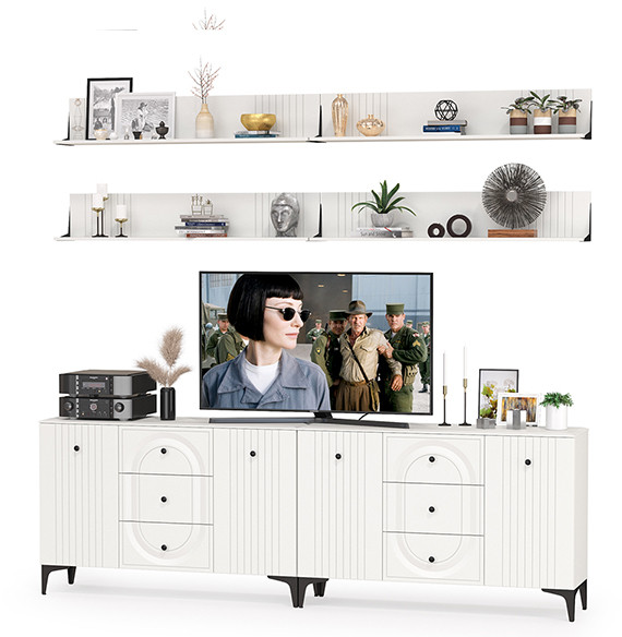 Валенсия Гостиная № 091, цвет ЛДСП белый шагрень/МДФ белый шагрень, ШхГхВ 266,3х38,4х225 см.