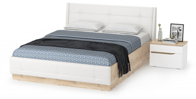 Муссон Кровать 11.28 + подъёмный ортопед + Тумба 16.03, цвет белый/дуб эндгрейн элегантный/кожзам белый, сп. м. 1600х2000 мм., б/м