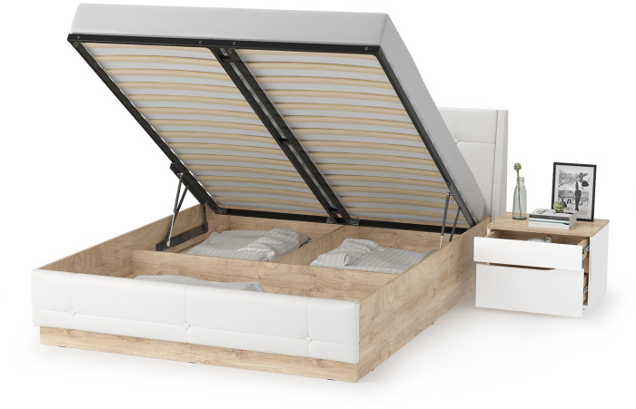 Муссон Кровать 11.28 + подъёмный ортопед + Тумба 16.03, цвет белый/дуб эндгрейн элегантный/кожзам белый, сп. м. 1600х2000 мм., б/м