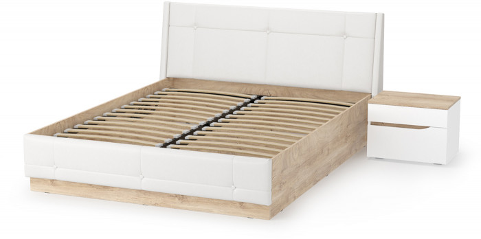 Муссон Кровать 11.28 + подъёмный ортопед + Тумба 16.03, цвет белый/дуб эндгрейн элегантный/кожзам белый, сп. м. 1600х2000 мм., б/м