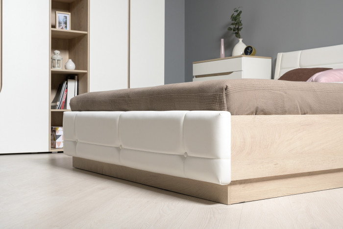 Муссон Кровать 11.28 + подъёмный ортопед + Тумба 16.03, цвет белый/дуб эндгрейн элегантный/кожзам белый, сп. м. 1600х2000 мм., б/м