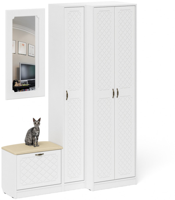 Прихожая П-6 Компоновка № 26, цвет белая шагрень/фасады МДФ белое дерево фрезеровка ромб, ШхГхВ 150х50х210 см., универсальная сборка