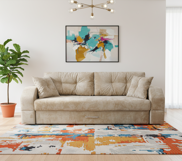 Диван-еврокнижка Манчестер, пружинный блок, 150х195, подсветка, велюр бежевый