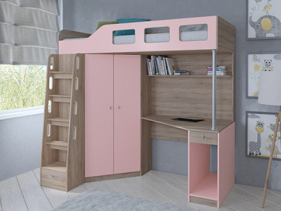 Кровать чердак Астра 7 Сонома/Розовый
