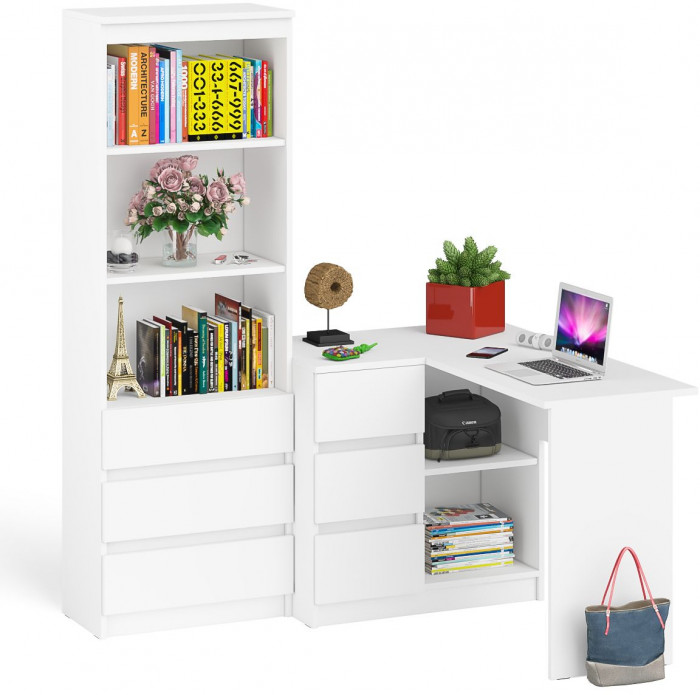 Мори компьютерный стол МС-16 левый + Стеллаж МСТ600.3, белый