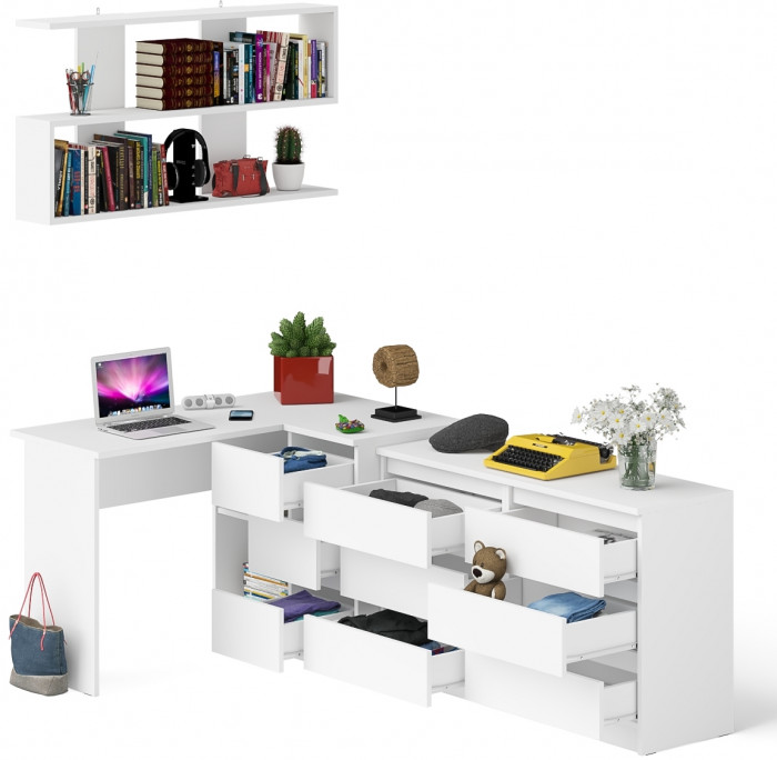 Мори компьютерный стол МС-16 правый + Комод МК1200.6 + Полка 1200, белый