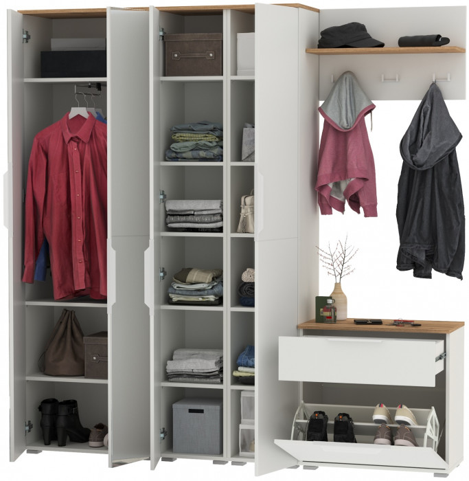 Октава Прихожая 29, белый шагрень/дуб крафт золотой/фасады МДФ белый шагрень