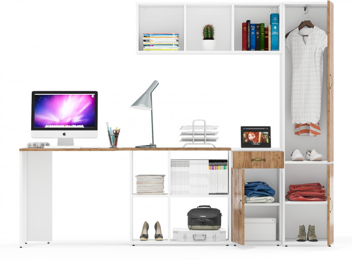 Лидер-8 Стол + Полка + Тумба МД 3.15 + Пенал МД 21Б, цвет белый шагрень/крафт золото, ШхГхВ 245х50/37,5х75/190 или 115х160/50х75/190 см., НЕ ун. сб.