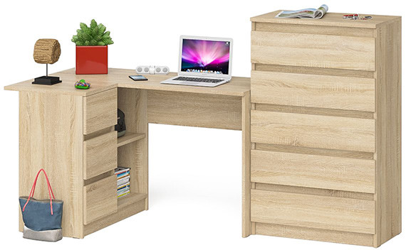 Мори Стол компьютерный МС-16 левый + Комод МК700.5, цвет дуб сонома, ШхГхВ 194,8х84,9х114 см., выдвижные ящики слева, НЕ универсальная сборка