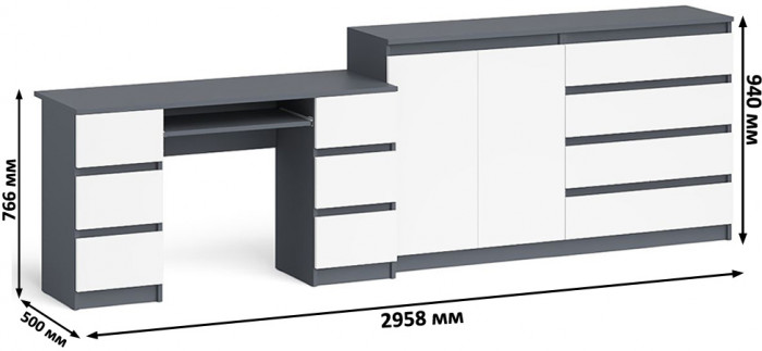 Мори Стол компьютерный МС-2 + Комод МК1600.1, цвет графит/белый, ШхГхВ 295,8х50х94 см., универсальная сборка