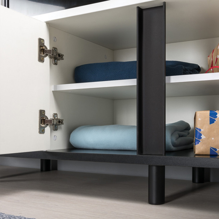 Муссон Кровать 11.28 + подъёмный ортопед + Тумба под ТВ Квадро 13.276, цвет белый/чёрный/дуб эндгрейн элегантный/кожзам белый, 1600х2000 мм., б/м