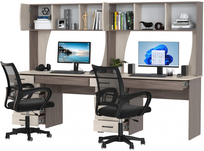 Два стола рабочих 6-0606 Сигма + два кресла 103 чёрных, цвет бодега тёмный/бодега светлый, ШхГхВ 241х60,5х166 см., НЕ универсальная сборка