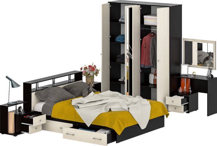 Камелия спальня № 9 Кровать с ящиками 1600 + Две тумбы + Стол космет. + Зеркало + Шкаф 4-х, венге/дуб лоредо