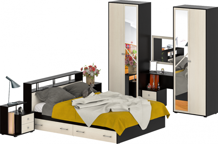 Камелия спальня № 9 Кровать с ящиками 1600 + Две тумбы + Стол космет. + Зеркало + Шкаф 4-х, венге/дуб лоредо