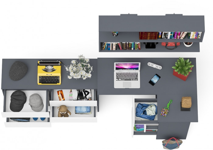 Мори компьютерный стол МС-16 правый + Комод МК1200.6 + Полка 1200, графит/белый