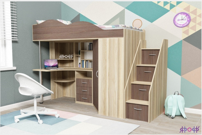 Кровать-чердак Пионер 1 (Дуб молочный/Ирис)