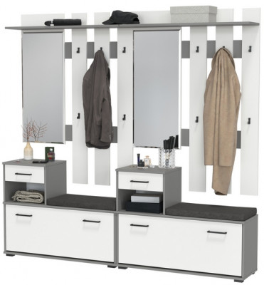Лира ГК Прихожая 2 Два х Тумба под обувь + Два х Вешалка с зеркалом, цвет графит/белый, ШхГхВ 200х33х185 см., универсальная сборка