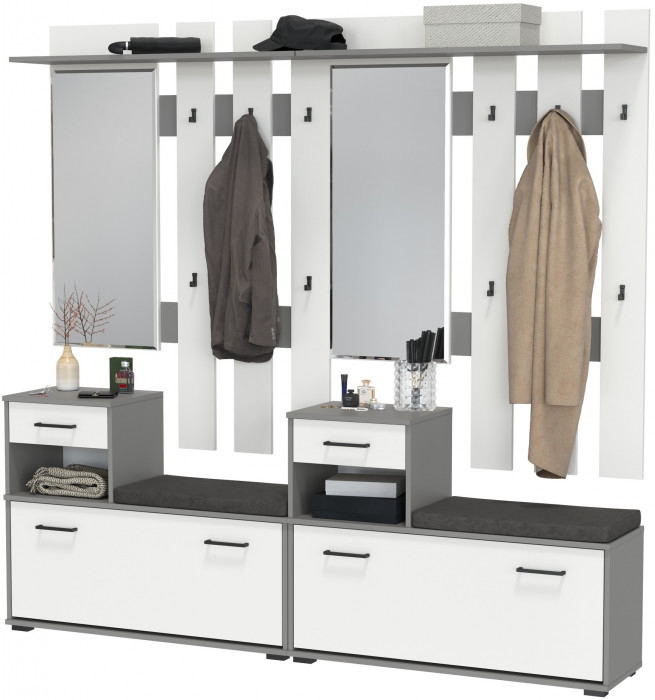 Лира ГК Прихожая 2 Два х Тумба под обувь + Два х Вешалка с зеркалом, цвет графит/белый, ШхГхВ 200х33х185 см., универсальная сборка