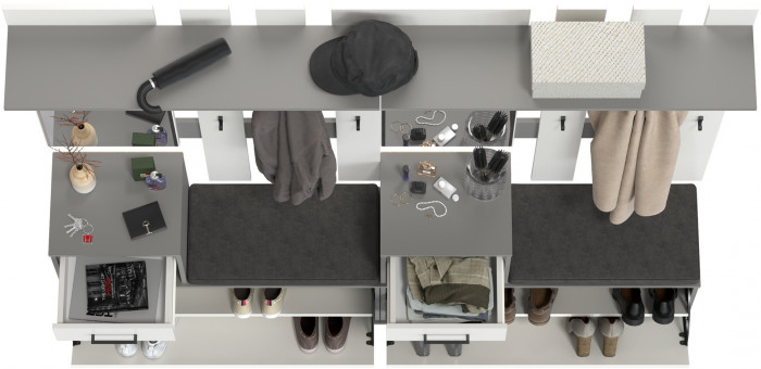 Лира ГК Прихожая 2 Два х Тумба под обувь + Два х Вешалка с зеркалом, цвет графит/белый, ШхГхВ 200х33х185 см., универсальная сборка