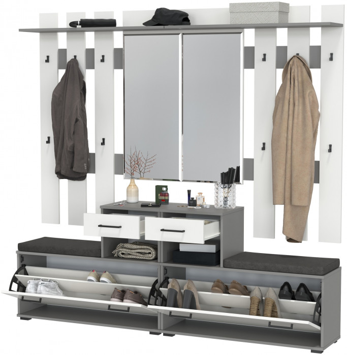 Лира ГК Прихожая 2 Два х Тумба под обувь + Два х Вешалка с зеркалом, цвет графит/белый, ШхГхВ 200х33х185 см., универсальная сборка