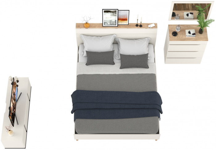 Муссон Кровать 11.41 + ортопед + 13.97 + Зеркало СВК + Тумба ТВ 13.276, цвет белый/чёрный/дуб эндгрейн элегантный, сп. м. 1600х2000 мм., б/м