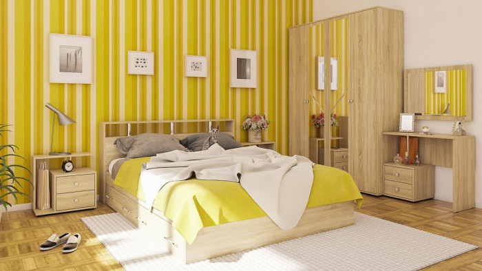 Камелия спальня № 9 Кровать с ящиками 1600 + Две тумбы + Стол космет. + Зеркало + Шкаф 4-х, дуб сонома