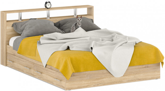 Камелия спальня № 9 Кровать с ящиками 1600 + Две тумбы + Стол космет. + Зеркало + Шкаф 4-х, дуб сонома