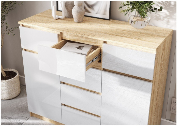 Челси Комод 1200 (2 двери 6 ящика) Белый глянец холодный / сонома (Сонома / Белый глянец)