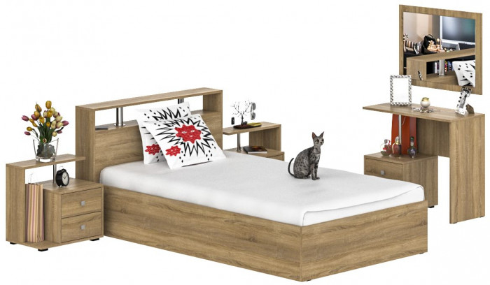 Камелия спальня № 6 Кровать 1200 + Две тумбы + Стол косметический + Зеркало, цвет дуб сонома, сп.м. 1200х2000 мм., б/м, основание есть