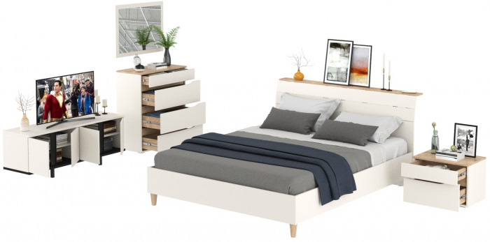 Муссон Кровать 11.41 + ортопед + 16.03 + 13.97 + Зеркало СВК + Тумба ТВ 13.276, цвет белый/чёрный/дуб эндгрейн элегантный, сп. м. 1600х2000 мм., б/м