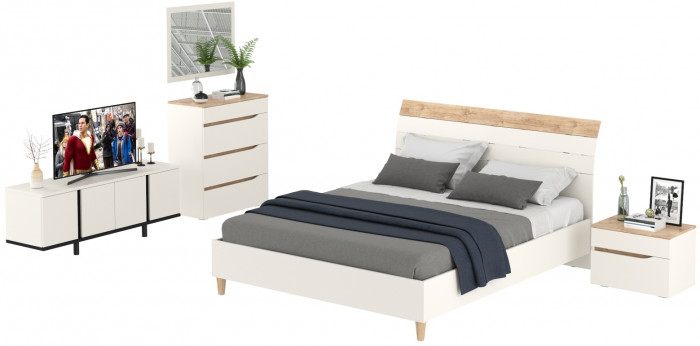 Муссон Кровать 11.41 + ортопед + 16.03 + 13.97 + Зеркало СВК + Тумба ТВ 13.276, цвет белый/чёрный/дуб эндгрейн элегантный, сп. м. 1600х2000 мм., б/м