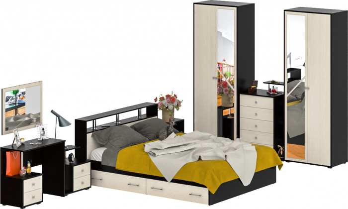 Камелия спальня № 10 Кровать с ящиками 1600 + Две тумбы + Стол косм. + Зеркало + Комод + Шкаф, цвет венге/дуб лоредо, 1600х2000 мм., б/м, осн. есть