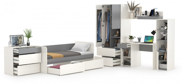 Торонто Компоновка № 27, цвет белый шагрень/стальной серый, сп. м. 800х1900 мм., б/м, основание есть, универсальная сборка