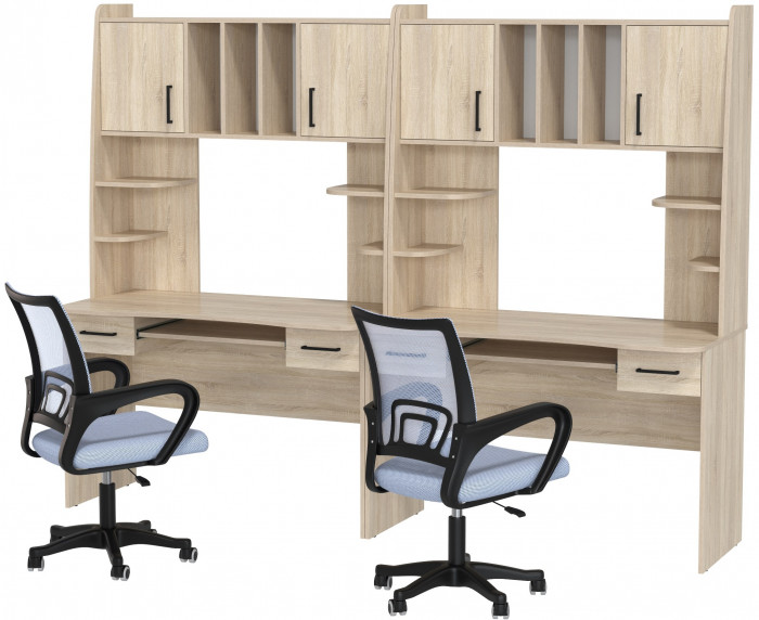 Два стола рабочих 6-0604 Бета + два кресла 103 серых, цвет дуб сонома, ШхГхВ 240х60,5х183,5 см.