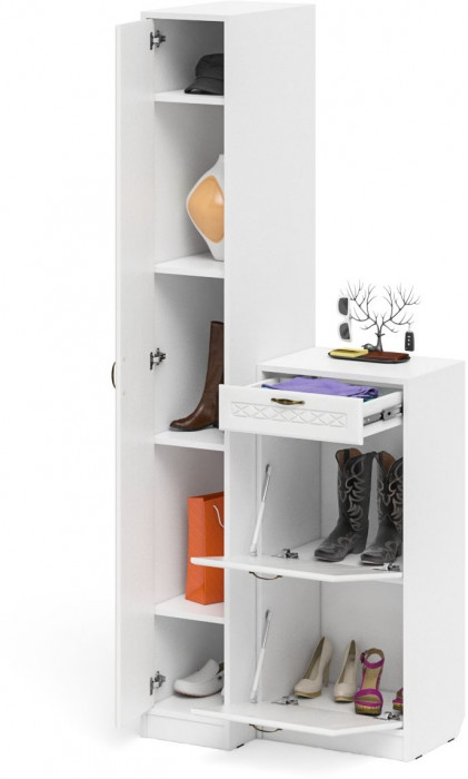 Прихожая П-6 Компоновка № 42, цвет белая шагрень/фасады МДФ белое дерево фрезеровка ромб, ШхГхВ 80х50х210 см., универсальная сборка