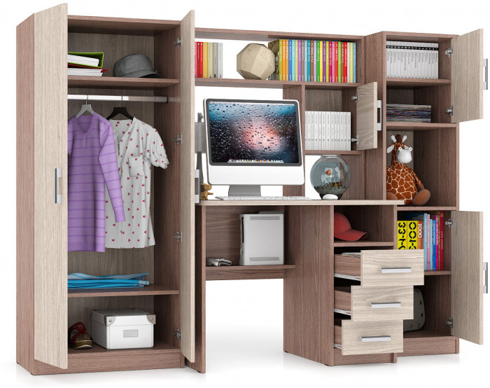 Стол компьютерный С-МД-СК9+Пенал С-МД-СК9П+Шкаф С-МД-СК9Ш, цвет ясень шимо светлый/ясень шимо тёмный, ШхГхВ 215х70х160 см., НЕ универсальная сборка