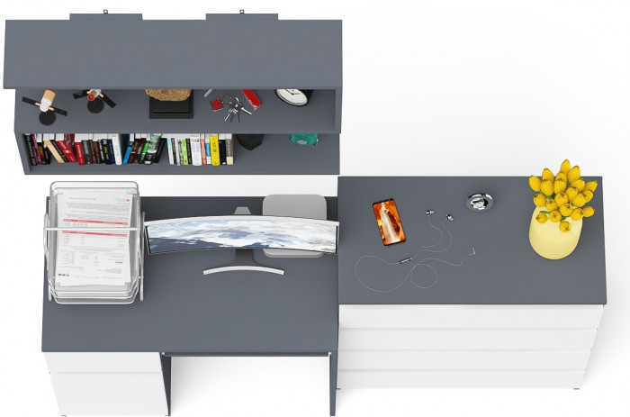 Мори Стол компьютерный МС-1 левый + Комод МК800.4 + Полка 900, цвет графит/белый, ШхГхВ 170,4х50х209,6 см., НЕ универсальная сборка