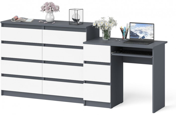 Мори Стол компьютерный МС-6 левый + Комод МК1200.8, цвет графит/белый, ШхГхВ 210,4х50х94 см., выдвижные ящики слева, НЕ универсальная сборка