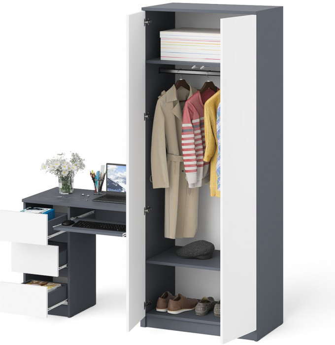 Мори Стол компьютерный МС-6 левый + Шкаф МШ800.1, цвет графит/белый, ШхГхВ 170,4х50,4х209,6 см., выдвижные ящики слева, НЕ универсальная сборка
