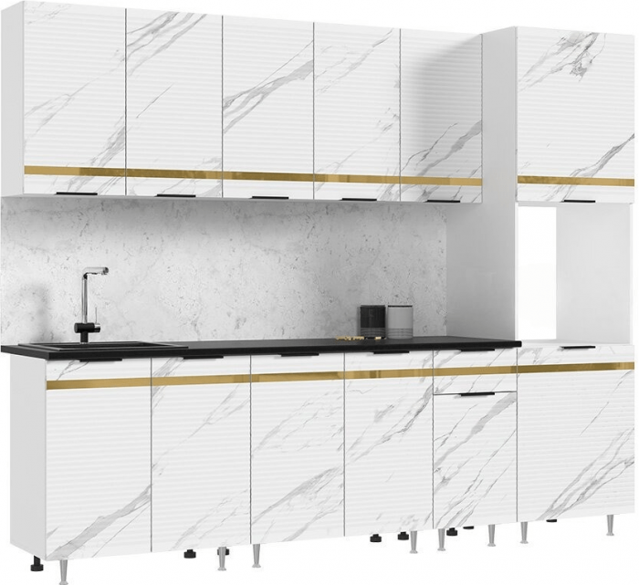 Кухня МДФ Милена 2600 (Белый, Мрамор блэк софт, Антарес)